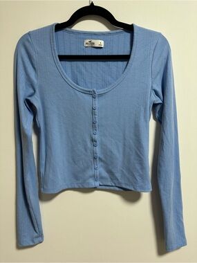 Hollister Baby Blue Ribbed Button-Front Long Sleeve Top